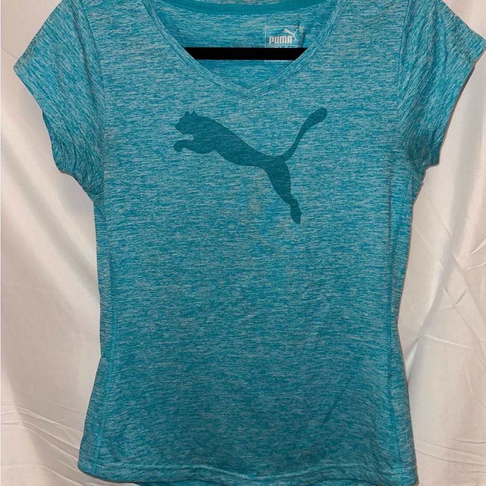 Puma women's Performance Heather Cat dryCELL Teal V-neck t-shirt, Size Small